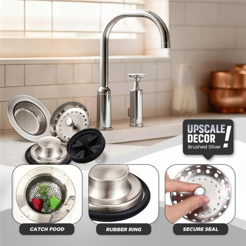 4 Pcs Brushed Silver Kitchen Sink Accessories, 3.4" Garbage Disposal  Guards, Drain Strainer & Stopper Set 2