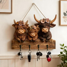 Highland Cow Wooden Key Holder Wall Mount 4-Hook