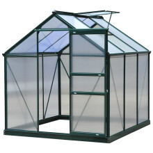 6 x 6ft Polycarbonate Greenhouse, Large Walk-In with Slide Door and Window, Aluminium Frame and Foundation, Dark Green