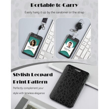 Porta Insignias Deslizante de Moda con Estampado de Leopardo Negro y Clip de Carabineros Retráctil, Correa de Cordón Desmontable
