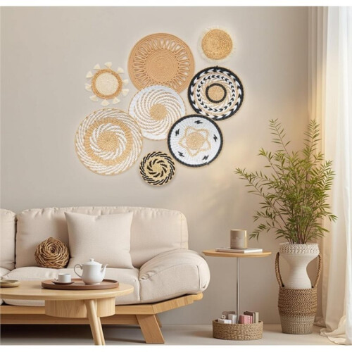 8 Pcs Boho Wall Basket Decor Decorative Bulrush Woven Basket Wall Decor Boho Wall Art Round Wall Hanging Baskets 1