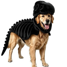 Dog Pet Dinosaur Framework Costume, Soft Plush T Rex Halloween Outfit 3D Dinosaur Bone Hood Outfits Clothes Black