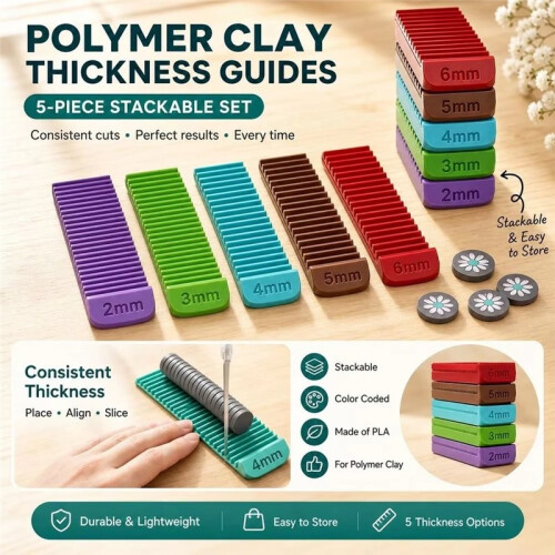 Polymer Clay Thickness Guide , 5 Color-Coded Thickness Cutting Tools (2mm, 3mm, 4mm, 5mm, 6mm),3D Printed 1