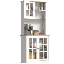 Freestanding Kitchen Cupboard, Storage Cabinet with Doors and Adjustable Shelves, Counter Top, Grid Glass Doors, 80L x 37W x 183H cm - White