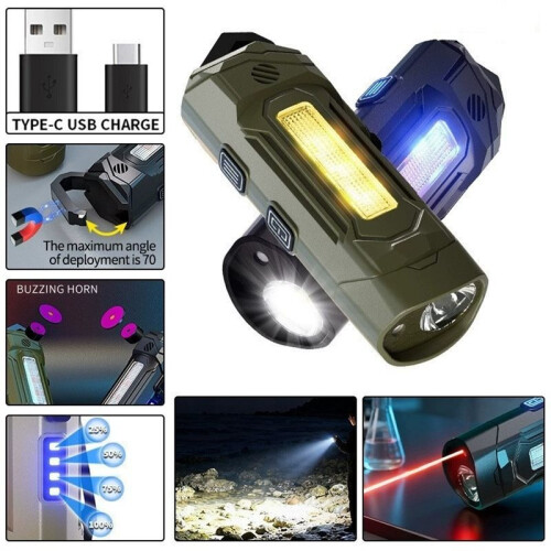 Rechargeable Flashlight with Adjustable Magnetic Hook, UV & Side Light, Buzzer Alarm, Compact Pocket Green