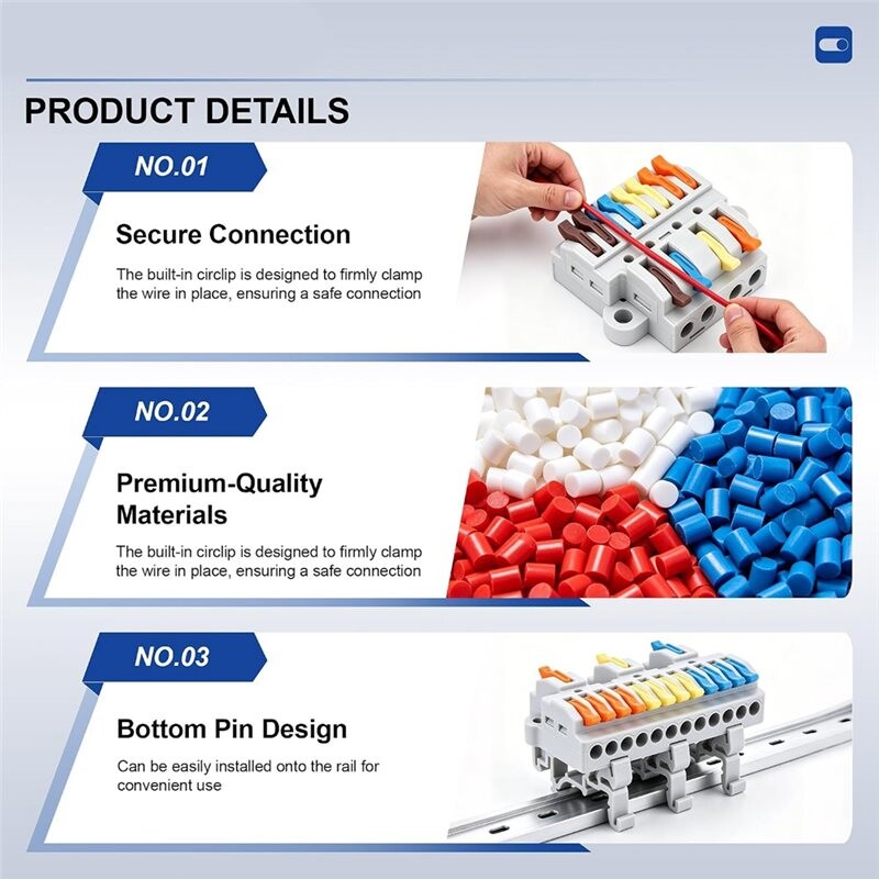 6Pcs DIN Rail Terminal Blocks 2 in 8 Out, 600V 32A Lever Wire Connector ...