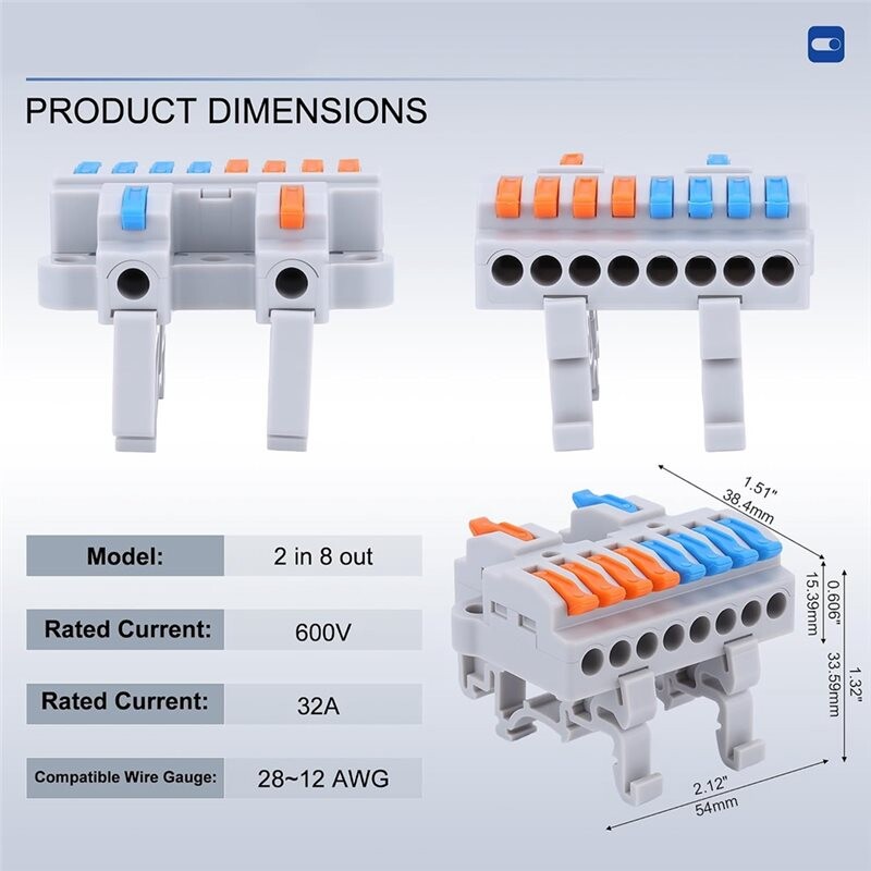 6Pcs DIN Rail Terminal Blocks 2 in 8 Out, 600V 32A Lever Wire Connector ...