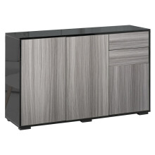 High Gloss Side Cabinet, Push-Open Design with 2 Drawers and 2 Cabinets for Living Room, 74H x 117W x 36Dcm, Light Grey and Black