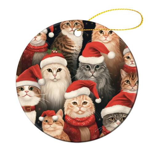 Ceramic Cat Santa Hat Ornament Red 3 Inch