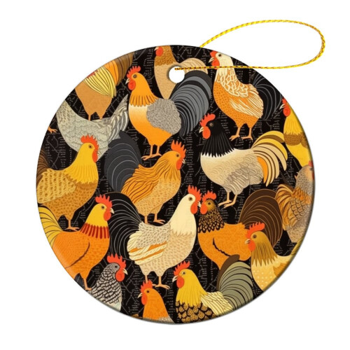 Ceramic Chicken Ornament Black White Yellow Rustic Holiday