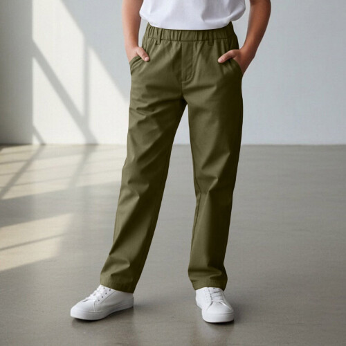 Boy Uniform Pants Army Green Chino Pull-On Straight Fit 8-9 1