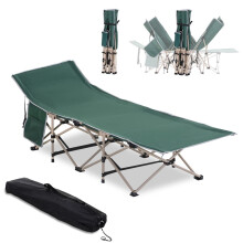 Single Person Camping Bed Folding Cot Outdoor Patio Portable Military Sleeping Bed Travel Guest Leisure Fishing with Side Pocket - Green