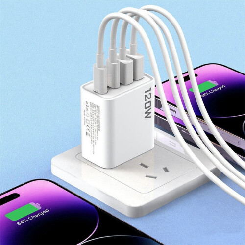 120W White GaN Charger 2x USB-C 2x USB-A 1