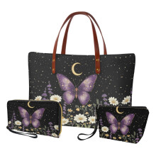 Butterfly Daisy Moon PU Leather Handbag Set with Waterproof