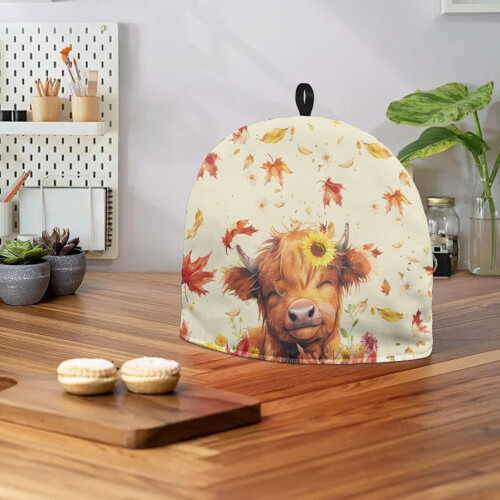 Highland Cow Teapot Cozy Maple Leaf Design Polyester Canvas 2