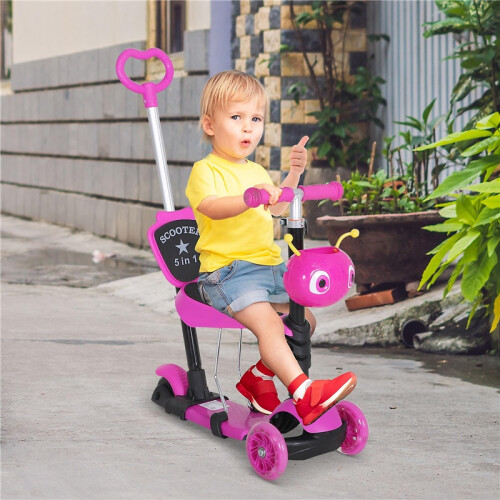 Adjustable Kids Toddler Scooter, with Removable Seat, Back Handle, Pink 1