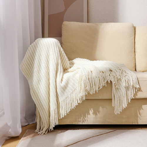 Knitted Throw Blanket with Fringe 50x68 inch