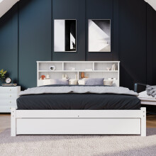 Roomfitters 135x190 Wooden Storage Double Bed Frame with Bookcase Headboard Shelves, Solid Pine Platform Bed Frame with Underbed Rolling Drawer, White