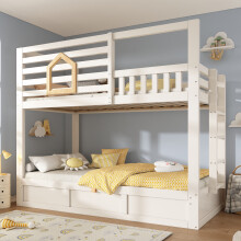 (Twin) Roomfitters Wooden Cabin Bunk Bed with Ladder & Hydraulic Storage