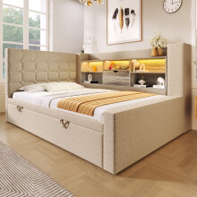 (Beige) Roomfitters 90x190cm Single Daybed Upholstered Sofa Bed with Pull Out Trundle, Linen Bed Frame with Smart RGB LED USB Type-C Charging Station