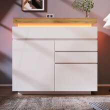 Roomfitters 110cm High Gloss Sideboard Cabinet with 2 Doors 3 Drawers, Smart RGB LED Chest of Drawers with Adjustable Shelves, White