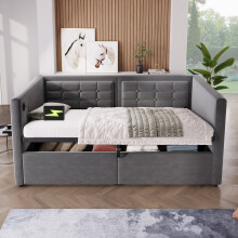 (Grey) Roomfitters 90x190cm Single Daybed Upholstered Sofa Bed Frame with Hydraulic Ottoman Storage & Charging Station, Soft Padded Daybed Frame