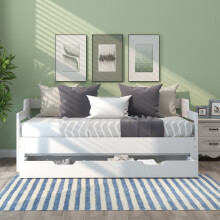 Roomfitters 90x190cm Wooden Daybed Frame with Pull Out Trundle & Storage Drawer, Solid Pine Single Guest Sofa Bed Frame, White