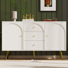 Roomfitters 140cm Arched Sideboard Cabinet with 2 Doors 3 Drawers, Wooden Chest of Drawers Console Table with Adjustable Center Leg, Cream White