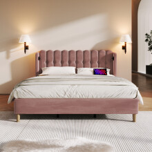 (Pink) Roomfitters Linen Upholstered Double Bed Frame with USB Type-C Charging Station, Panel Headboard Platform Bed with Wooden Slatted Support