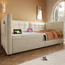 (Beige) Roomfitters 90x190cm Single Daybed Upholstered Sofa Bed Frame with Hydraulic Ottoman Storage & Charging Station, Soft Padded Daybed Frame