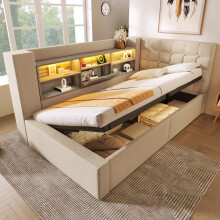(Beige) Roomfitters 90x190cm Single Daybed Upholstered Sofa Bed with Hydraulic Storage, Linen Bed Frame with Smart RGB LED USB Type-C Charging Station