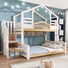 Roomfitters Single 90x190cm and Double 135x190cm Bunk Bed Wooden House Bed Frame with Staircase Storage & Shelves, Solid Wood Bunk Bed Frame , White