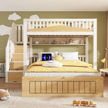 Roomfitters Single 90x190cm and Double 135x190cm Bunk Bed Wooden Offset Bed Frame with Staircase & Hydraulic Storage USB Charging, White