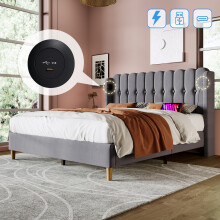 (Grey) Roomfitters Linen Upholstered Double Bed Frame with USB Type-C Charging Station, Panel Headboard Platform Bed with Wooden Slatted Support