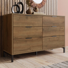 Roomfitters 120cm  Sideboard Cabinet with 6 Drawers, Industrial Wooden Chest of Drawers Console Table with Metal Frame & Adjustable Feet, Dark Oak