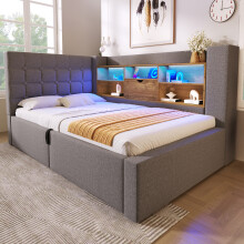 (Grey) Roomfitters 90x190cm Single Daybed Upholstered Sofa Bed with Hydraulic Storage, Linen Bed Frame with Smart RGB LED USB Type-C Charging Station