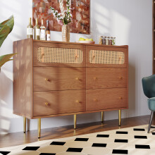 Roomfitters 120cm Rattan Sideboard Cabinet with 6 Drawers, Vintage Wooden Chest of Drawers Console Table with Gold Metal Handles & Tall Legs, Walnut