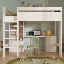 Roomfitters 90x190cm Single Loft Bed High Sleeper Bed Frame with Desk & Storage Cabinet, Wooden Bed Frame with USB Type-C Charging Station, White