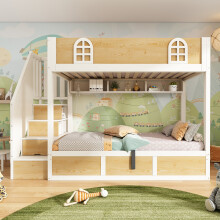 Roomfitters Dual 90x190cm Bunk Bed Wooden Bed Frame with Staircase Storage & Hydraulic Ottoman Storage, Solid Wood Bunk Bed Frame, Natural+White