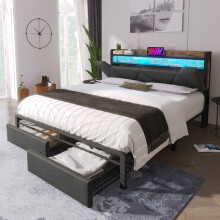 (Double) Roomfitters 90x190cm Linen Upholstered Single Bed Frame with Smart LED Light & USB Type-C Charging Station, Storage Headboard & Drawer, Grey