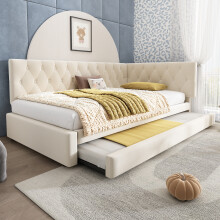 (Beige) Roomfitters 90x190cm Single Daybed Upholstered Sofa Bed Frame with Pull-Out Trundle Bed & Slatted Base, Soft Padded Daybed Frame