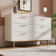 Roomfitters 120cm Sideboard Cabinet with 6 Drawers, Fluted Wooden Chest of Drawers Console Table with Gold Metal Base & Adjustable Feet, White
