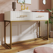 Roomfitters 100cm Dressing Table with 2 Drawers, Modern Fluted Vanity Console Table with Gold Metal Legs & Adjustable Feet, White