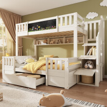 Roomfitters Single and Double Bunk Bed Wooden Bed Frame with Chalkboard & Staircase Storage Drawers, Solid Wood Bunk Bed Frame, White
