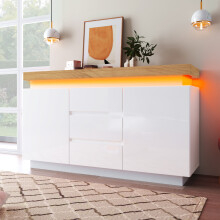 Roomfitters 140cm High Gloss Sideboard Cabinet with 2 Doors 3 Drawers, Smart RGB LED Chest of Drawers with Adjustable Shelves, White