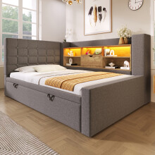 (Grey) Roomfitters 90x190cm Single Daybed Upholstered Sofa Bed with Pull Out Trundle, Linen Bed Frame with Smart RGB LED USB Type-C Charging Station