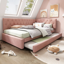 (Pink) Roomfitters 90x190cm Single Daybed Upholstered Sofa Bed Frame with Pull-Out Trundle Bed & Slatted Base, Soft Padded Daybed Frame