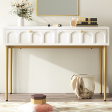 Roomfitters 100cm Dressing Table with 2 Drawers, Arched Vanity Console Table with Gold Metal Legs & 60cm Clearance for Storage, Cream White