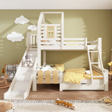 Roomfitters Single and Double Bunk Bed Wooden Cabin House Bed Frame with Slide & Ladder, Solid Wood Bunk Bed Frame with Storage Drawer, White