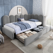 (Grey) Roomfitters 90x190cm Single Daybed Upholstered Sofa Bed with Drawer Storage, Velvet Bed Frame with Interchangeable L-Shape Panels & Slats
